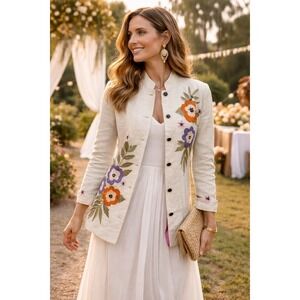 August Max Linen Boho Floral Embroidered Jacket Beaded Sz 1 XS/S
